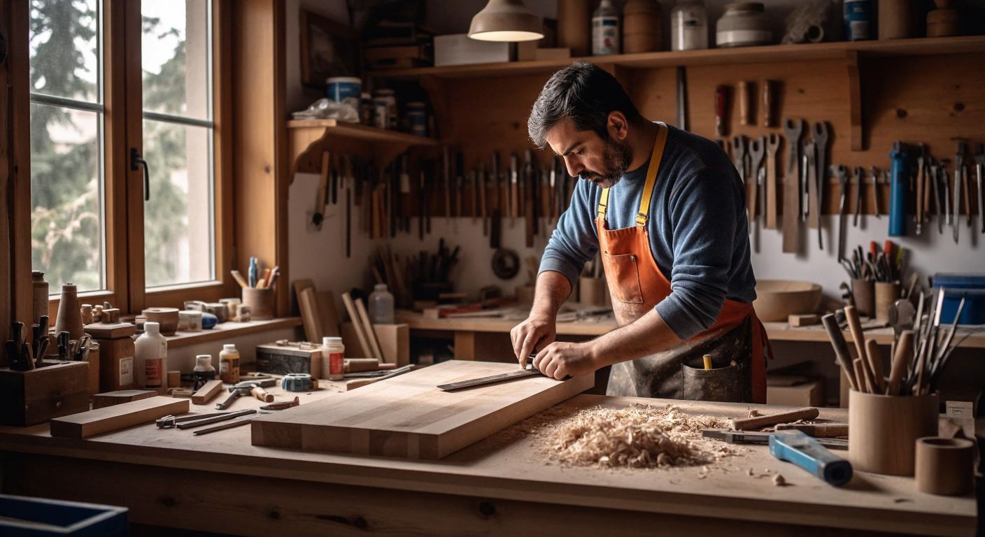 A Turkish carpenter in a cozy workshop carefully measuring and cutting a wooden shelf to fit a custom cabinet, surrounded by neatly organized tools and wood shavings.