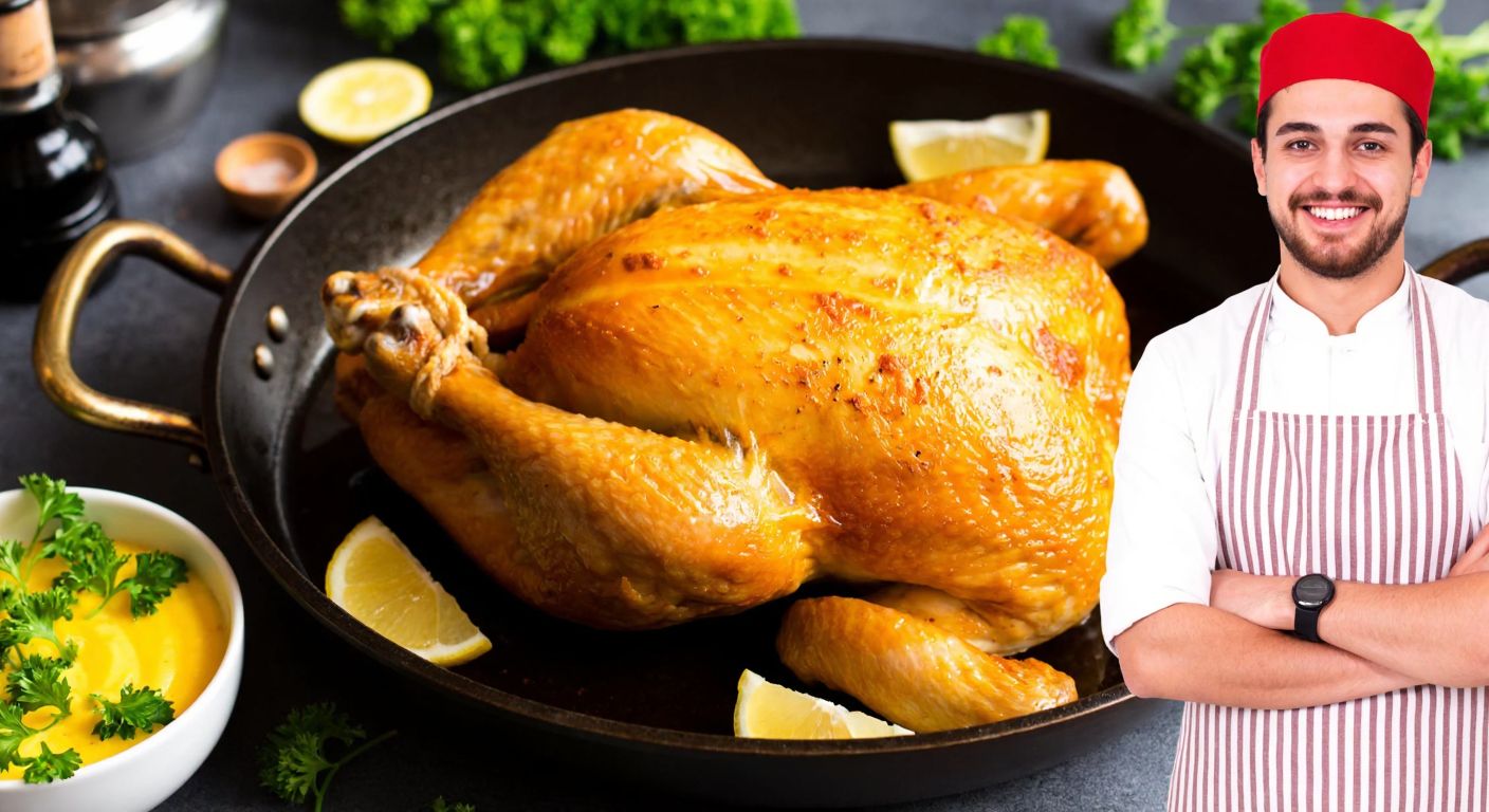 A golden-brown fried chicken sizzling in a deep pan, surrounded by fresh herbs and lemon wedges, with steam rising and a Turkish cook in an apron smiling nearby.