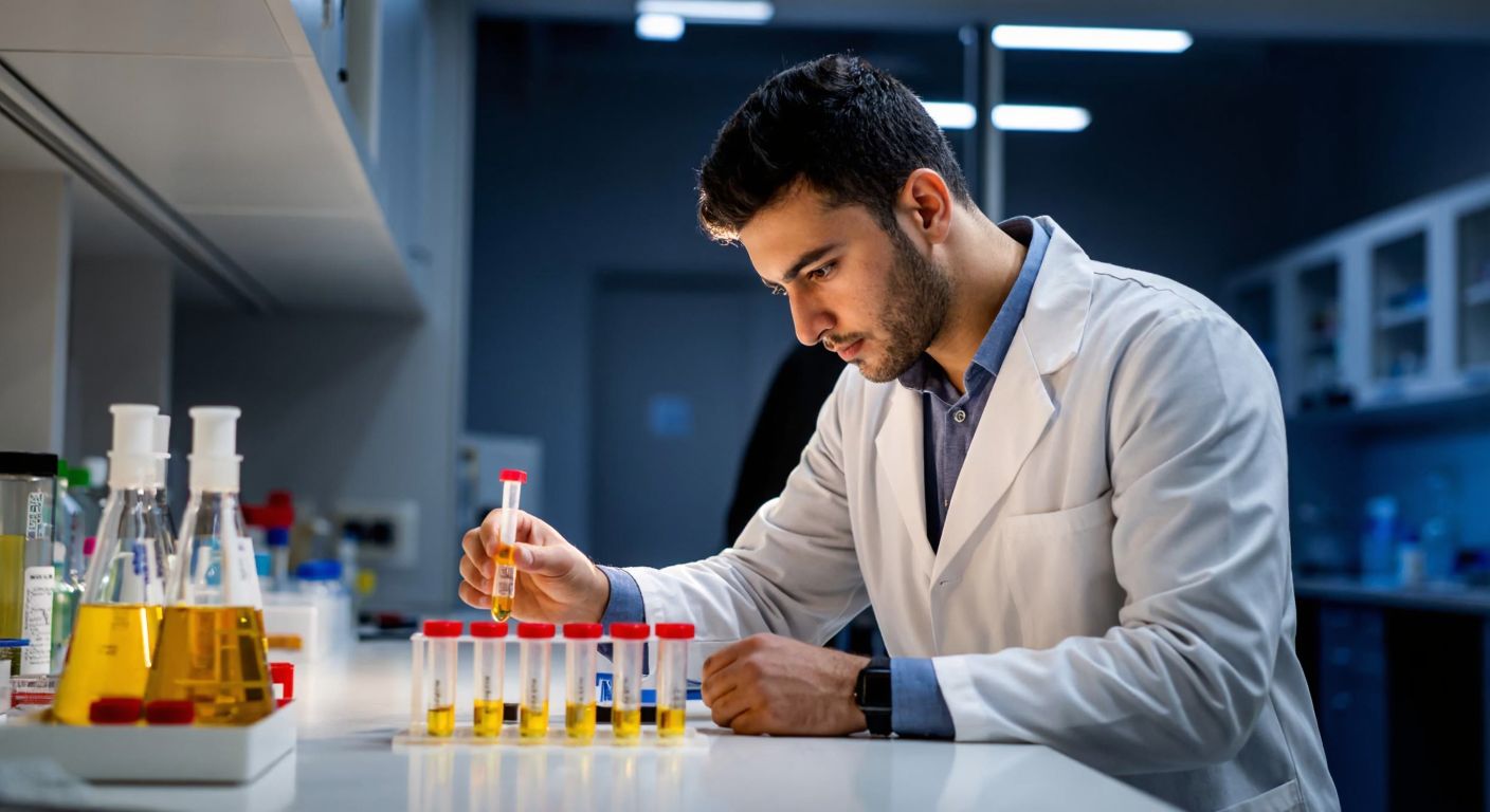 A determined young Turkish chemist in a white lab coat carefully examines test tubes in a modern laboratory, symbolizing the two years of experience required to become a responsible manager in the chemistry field.