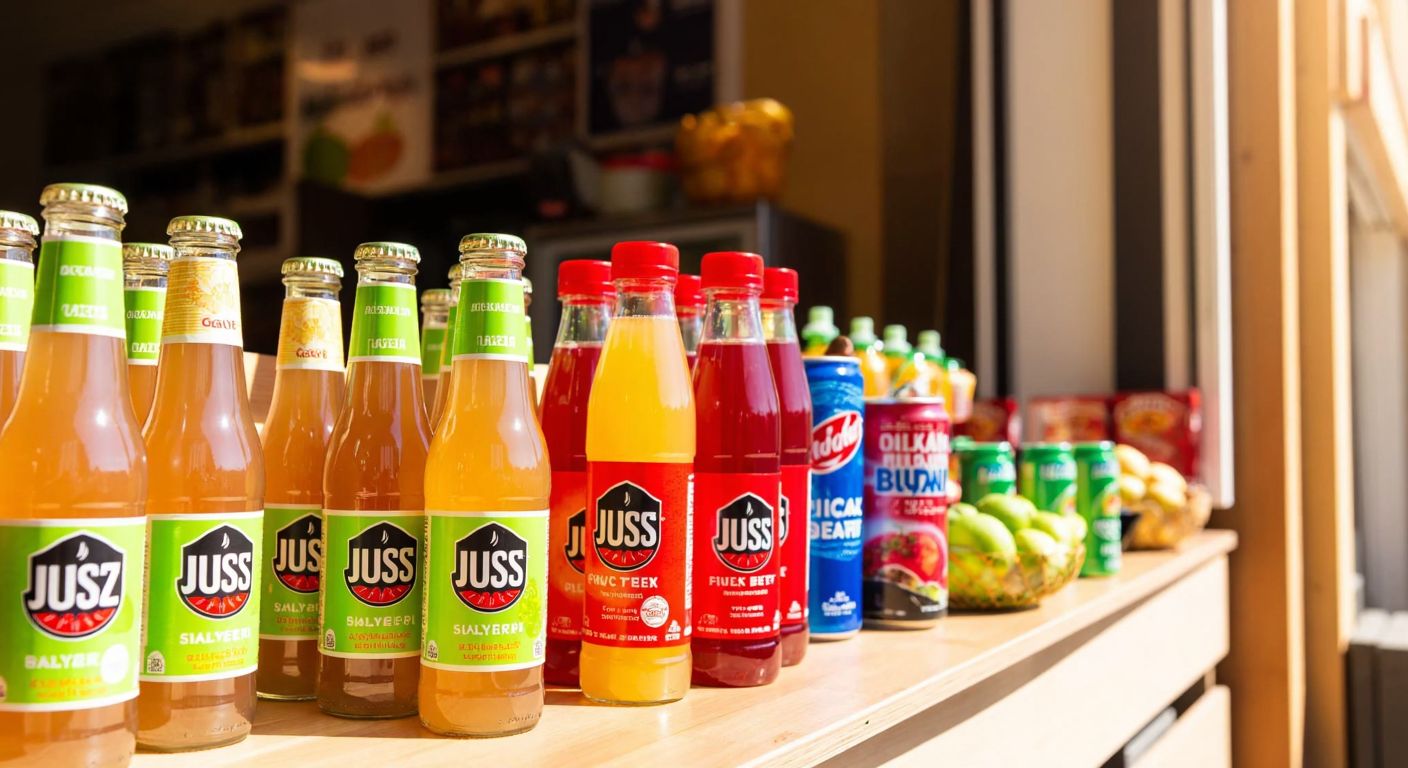 A colorful display of Juss fruit juice bottles alongside other Oğuz Gıda products like Sarıyer sodas and Black Bruin energy drinks, arranged on a wooden table in a Turkish market, with a warm, inviting glow from the sunlight filtering through a nearby window.