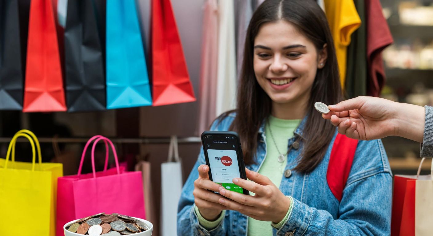 A smiling young person in Turkey holds a smartphone displaying a shopping app while receiving a small pile of coins from a digital wallet, surrounded by colorful shopping bags.