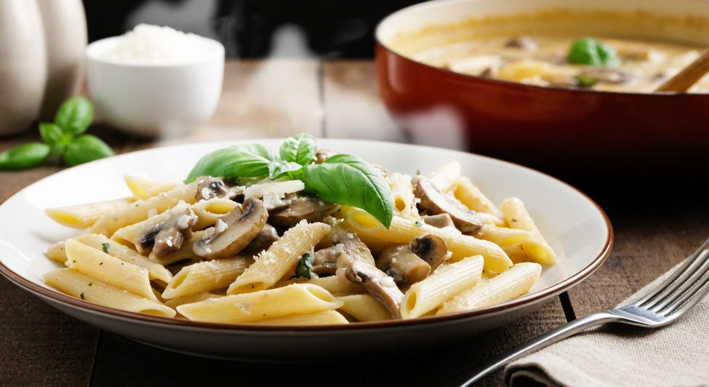 A steaming plate of creamy mushroom penne pasta garnished with fresh basil and grated parmesan, set on a rustic wooden table with a bubbling pot of sauce in the background.