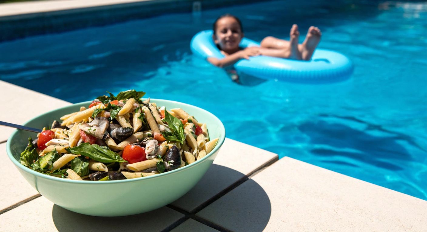 A vibrant Turkish kitchen scene with a bowl of fresh sea pasta salad next to a swimming pool where a child floats happily on a bright blue foam noodle.