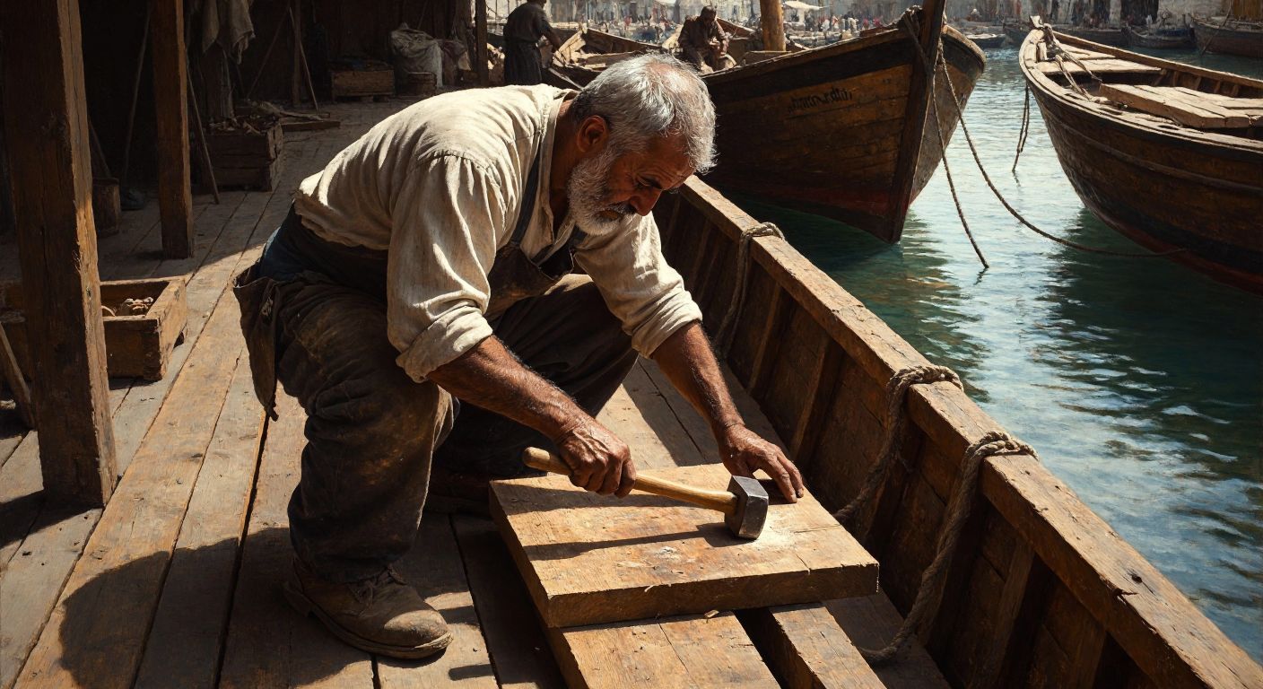 A weathered Turkish carpenter in a sunlit shipyard carefully seals the gaps between wooden boat planks with a mallet and chisel, surrounded by the scent of oakum and the sound of lapping waves.