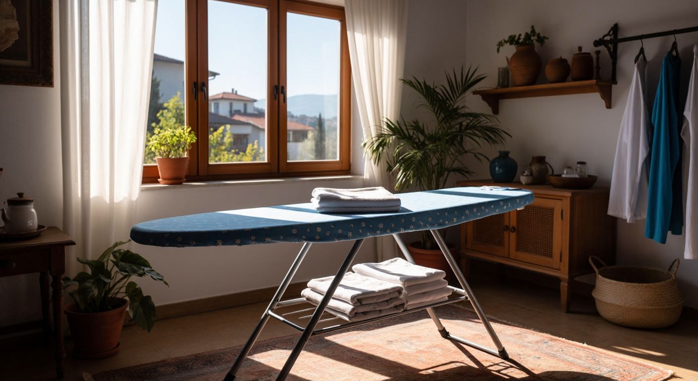 A sturdy ironing board with a smooth blue cover sits in a sunlit Turkish home, surrounded by neatly folded laundry, conveying reliability and satisfaction.