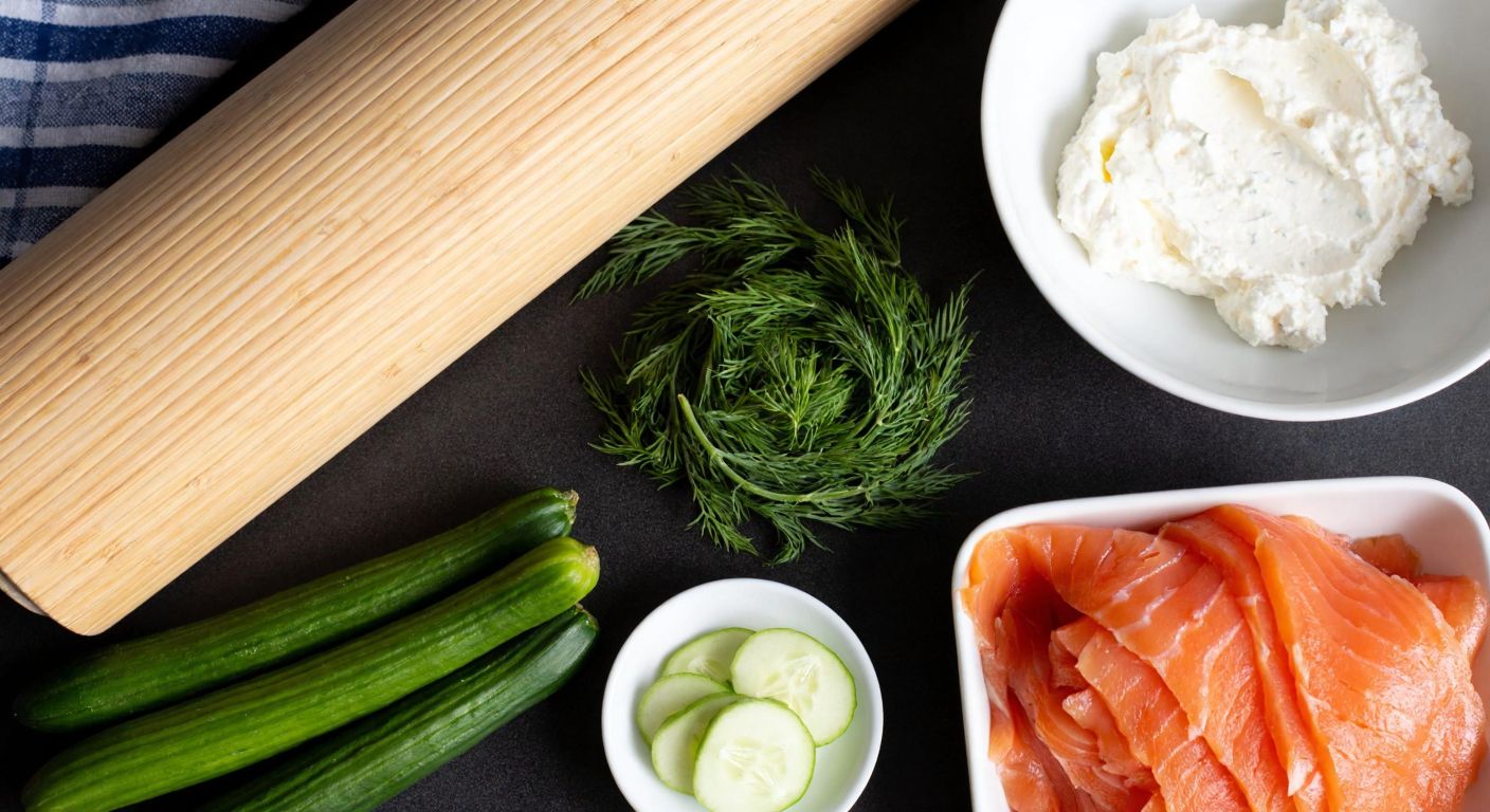 A close-up of a Turkish kitchen counter with fresh ingredients for salmon sushi—lavash bread, labne cheese, smoked salmon slices, dill, grated ginger, and thinly sliced cucumbers—neatly arranged beside a wooden rolling mat.