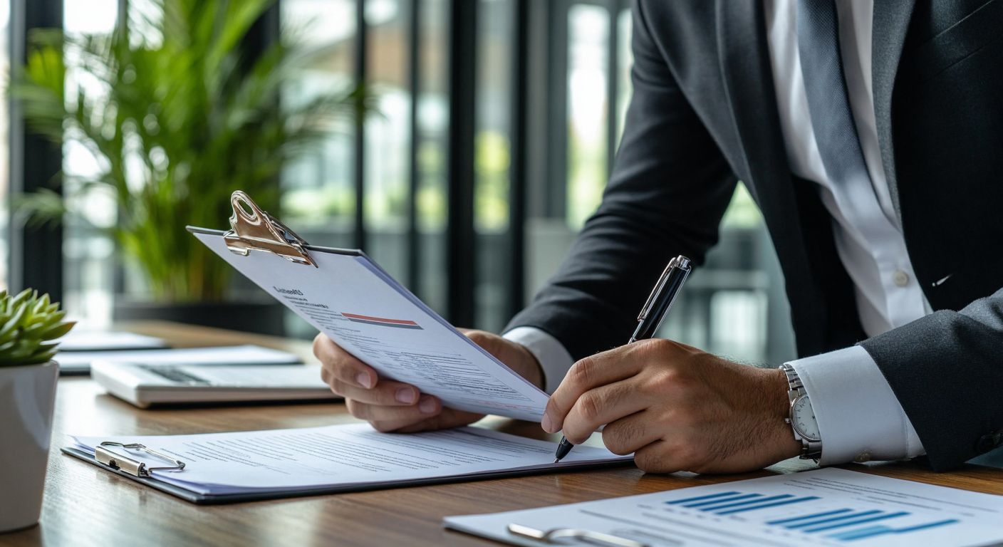 A Turkish businessperson in a modern office carefully reviews a long-term supply chain strategy document on one side, while another person swiftly signs an invoice for immediate goods delivery on the other, symbolizing the contrast between procurement and purchasing.