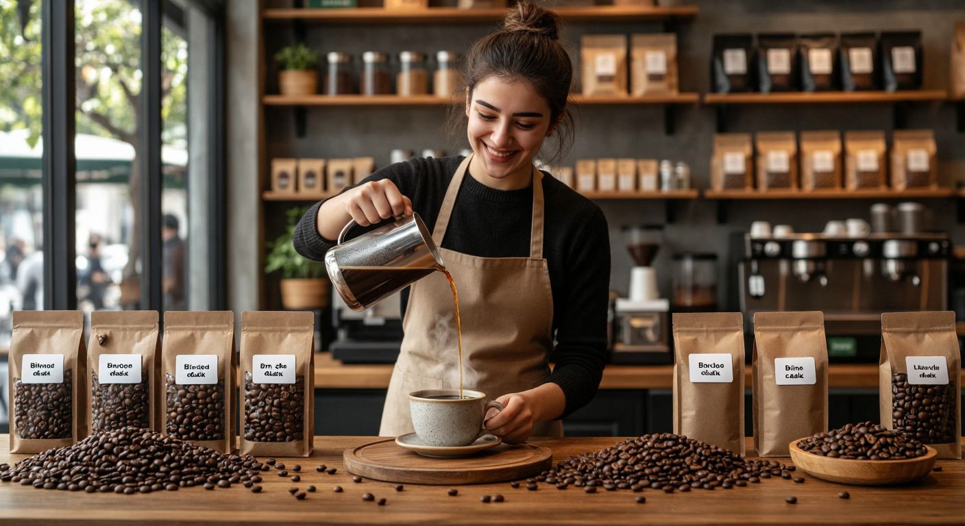 A warm, inviting Starbucks café in Turkey with shelves displaying bags of coffee beans labeled with roast profiles (Blonde, Medium, Dark), a barista smiling as they pour freshly brewed coffee into a cup, and a cozy wooden table with a steaming cup surrounded by scattered coffee beans of varying shades.