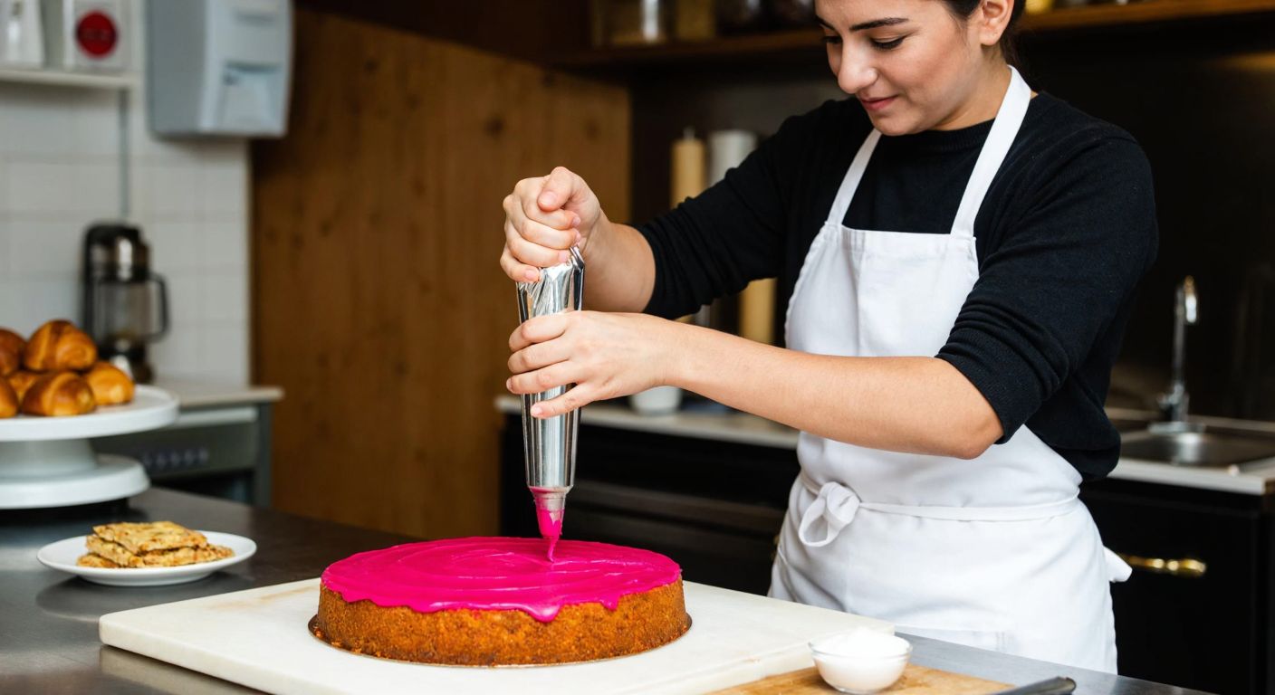 A baker in a white apron carefully squeezes vibrant pink sugar paste from a metal piping gun onto a freshly baked cake in a cozy Turkish pastry shop.