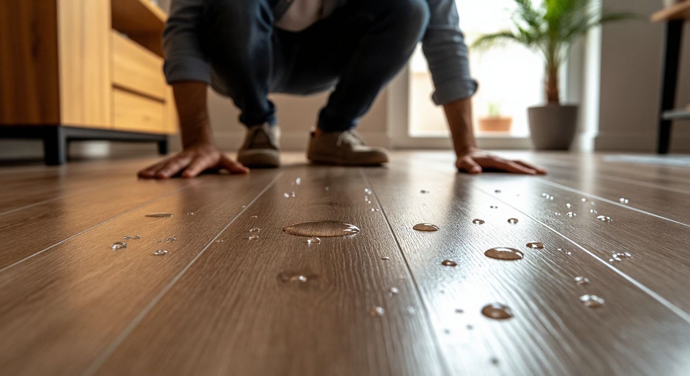 A close-up of water droplets beading on a sleek, wood-textured laminate floor in a modern Turkish home, with a concerned homeowner in casual attire kneeling to inspect the surface.