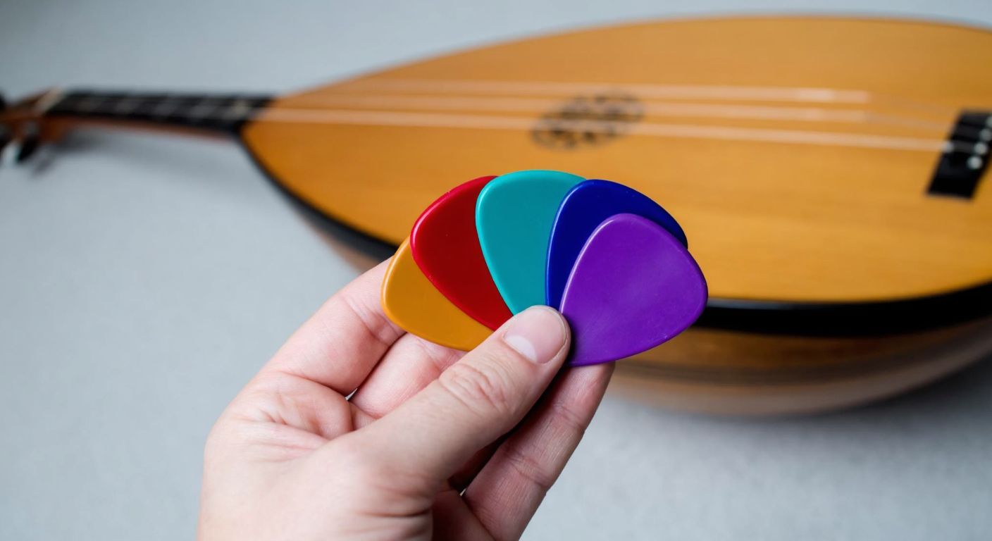 A hand holding six colorful guitar picks against the backdrop of a traditional Turkish saz.