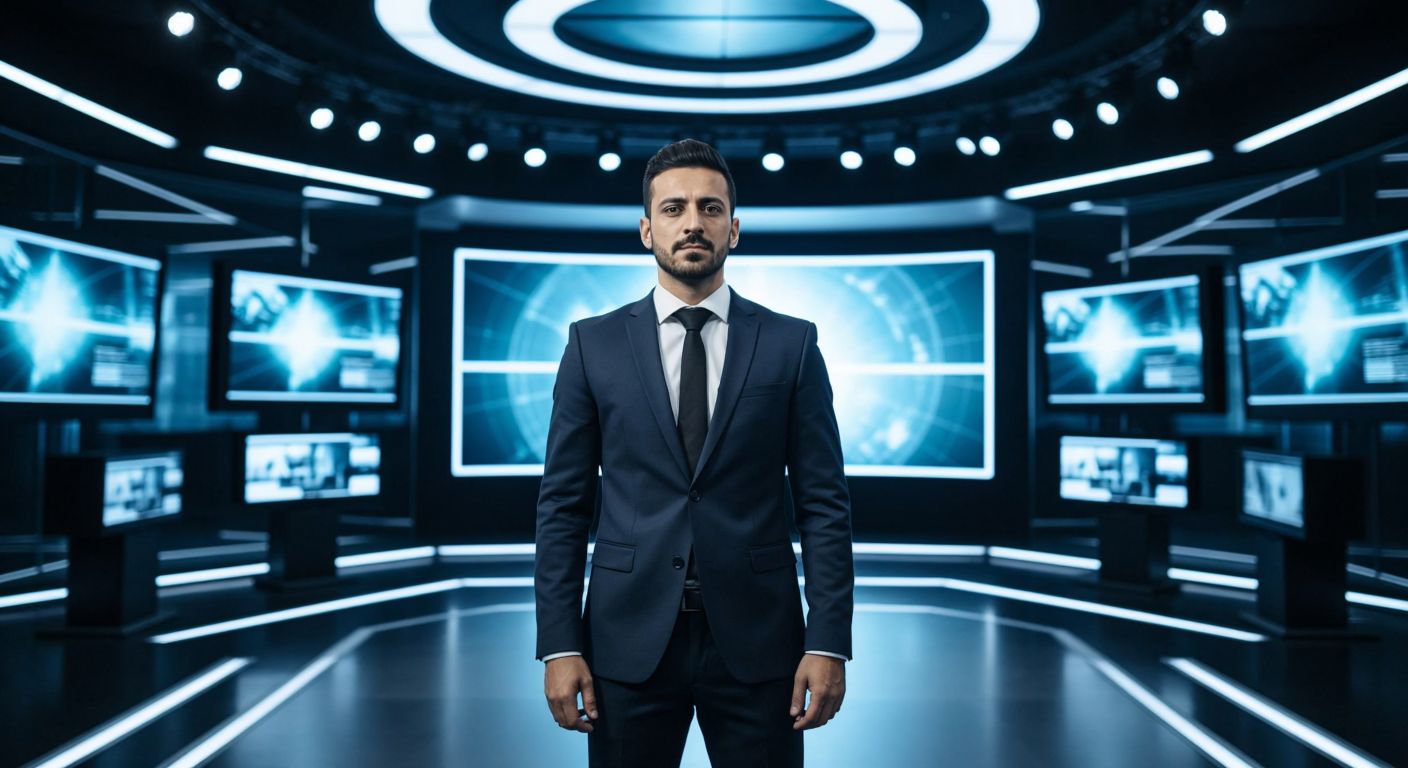 A confident Turkish businessman in a sleek suit stands in a modern media studio, surrounded by glowing TV screens broadcasting news, symbolizing ownership and influence.