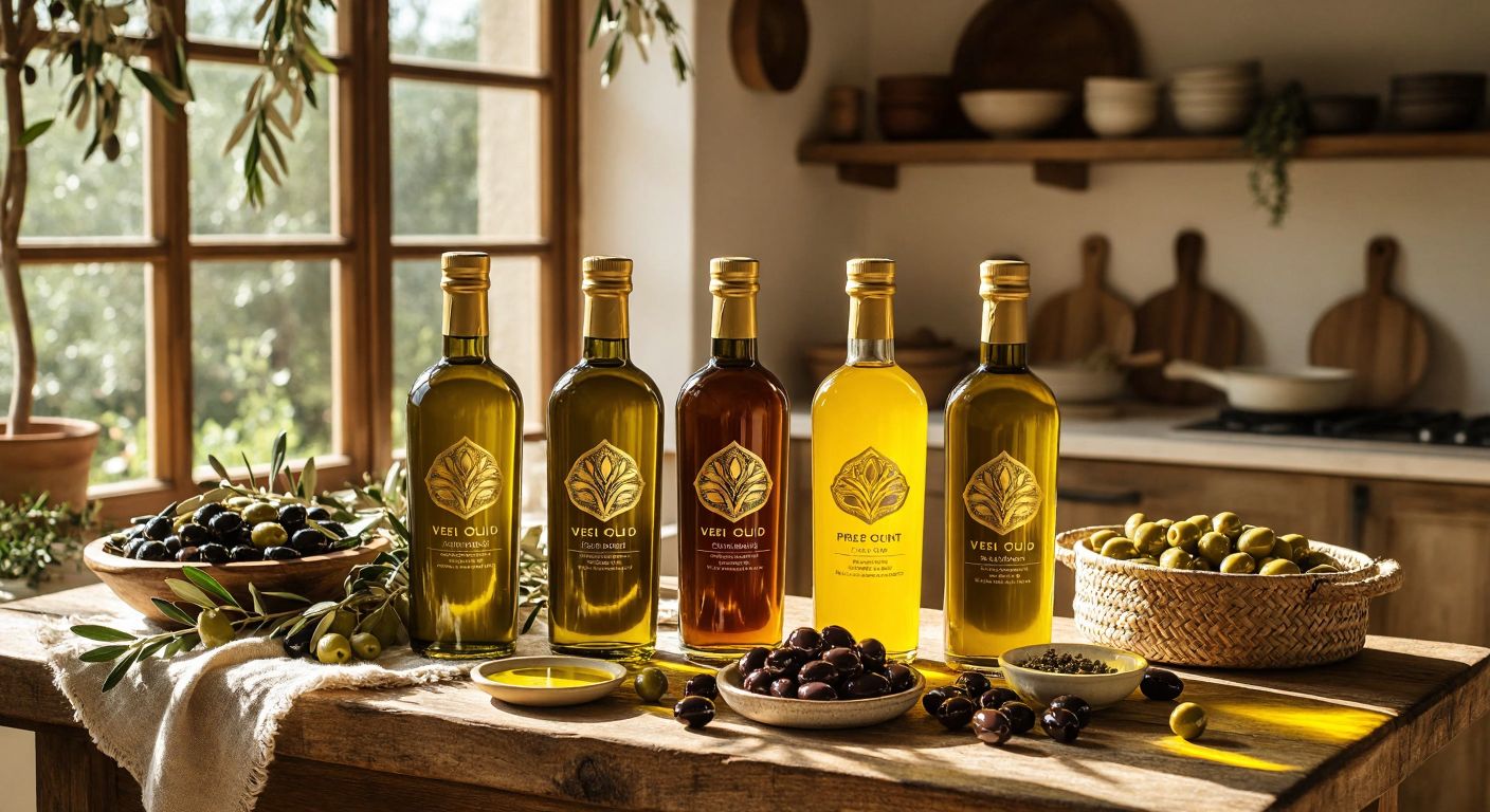 A rustic wooden table in a sunlit Turkish kitchen displays four elegant glass bottles of Vievi olive oil—golden Premium Gold, deep green Moonlight Limited Edition, amber Intense, and pale yellow Delicate—surrounded by fresh olives, a woven bread basket, and a small bowl of olive oil for dipping.
