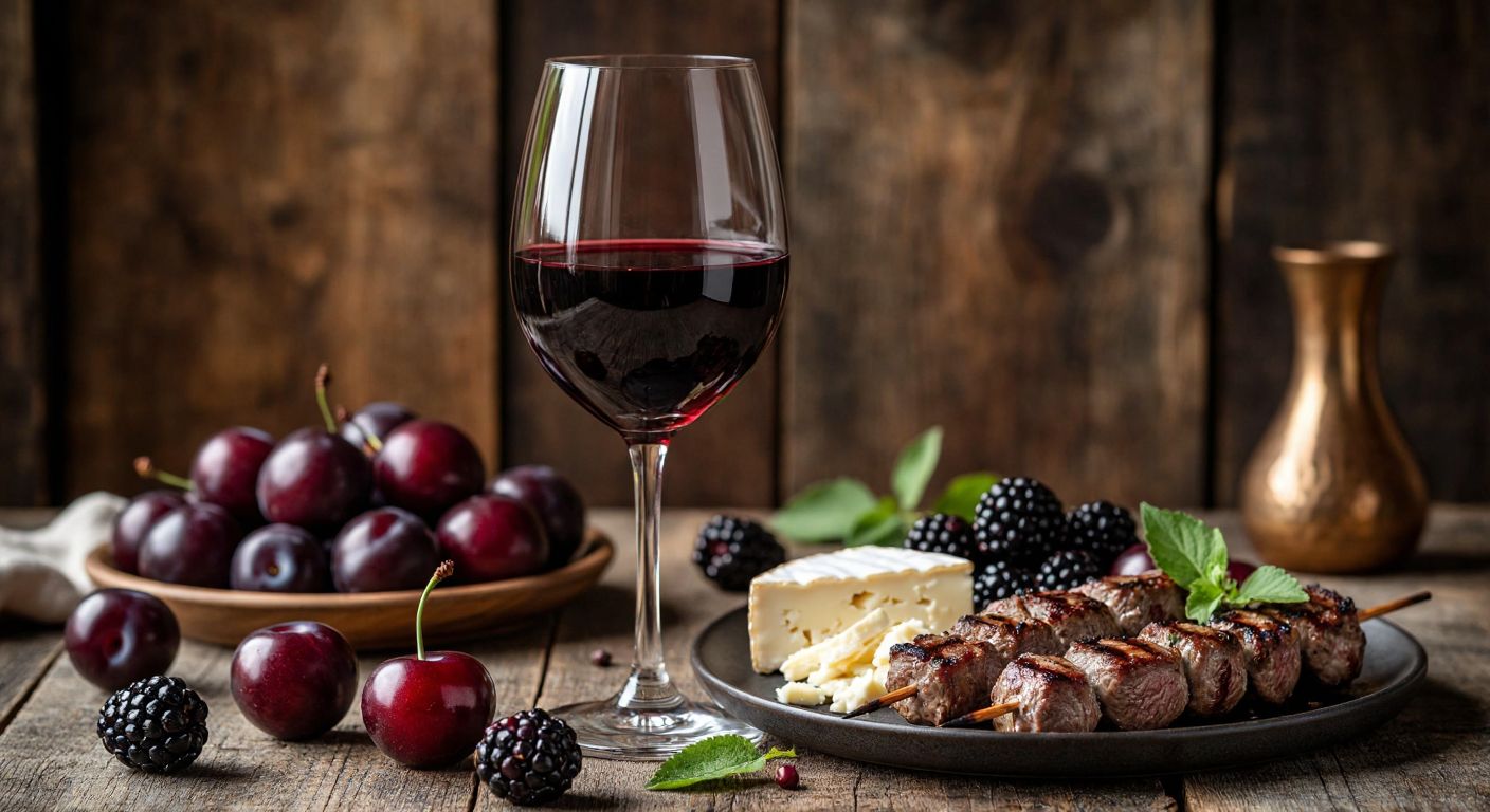 A deep ruby-red wine glass filled with Doluca Antik Kırmızı, placed on a rustic wooden table beside a plate of grilled lamb kebabs and aged cheese, with ripe blackberries, plums, and dark cherries scattered nearby, evoking rich aromas of spice and vanilla.