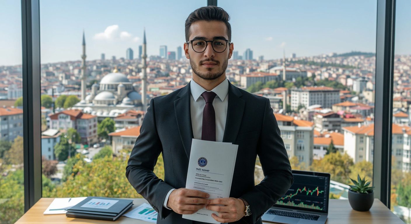 A young professional in a formal suit confidently holds a diploma and financial certificates while standing in a modern Turkish office with a view of Istanbul’s skyline, surrounded by charts and a laptop displaying market trends.