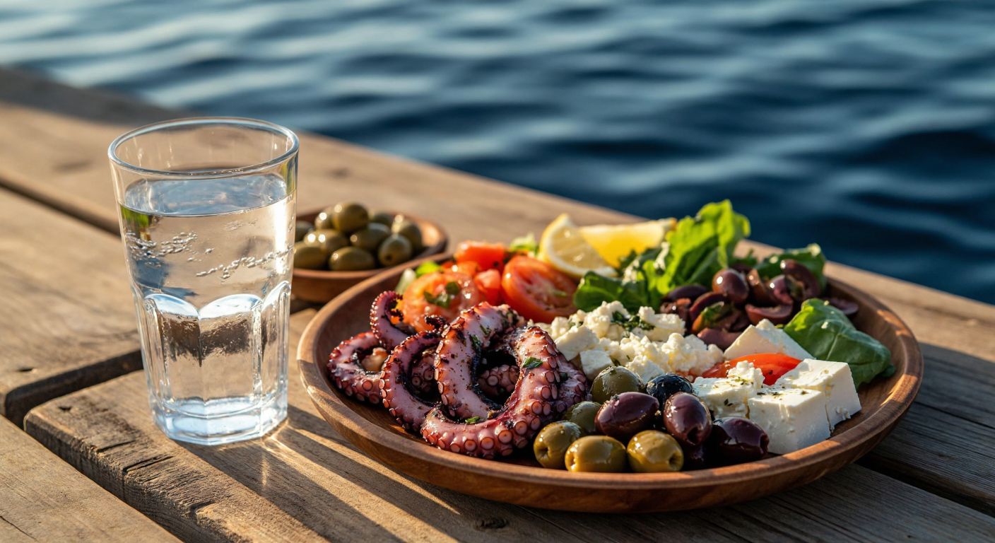 A rustic wooden table set by the Aegean Sea, featuring a clear glass of uzo next to a vibrant meze platter with grilled octopus, feta cheese, dolma, olives, and fresh vegetables, under the warm glow of the setting sun.