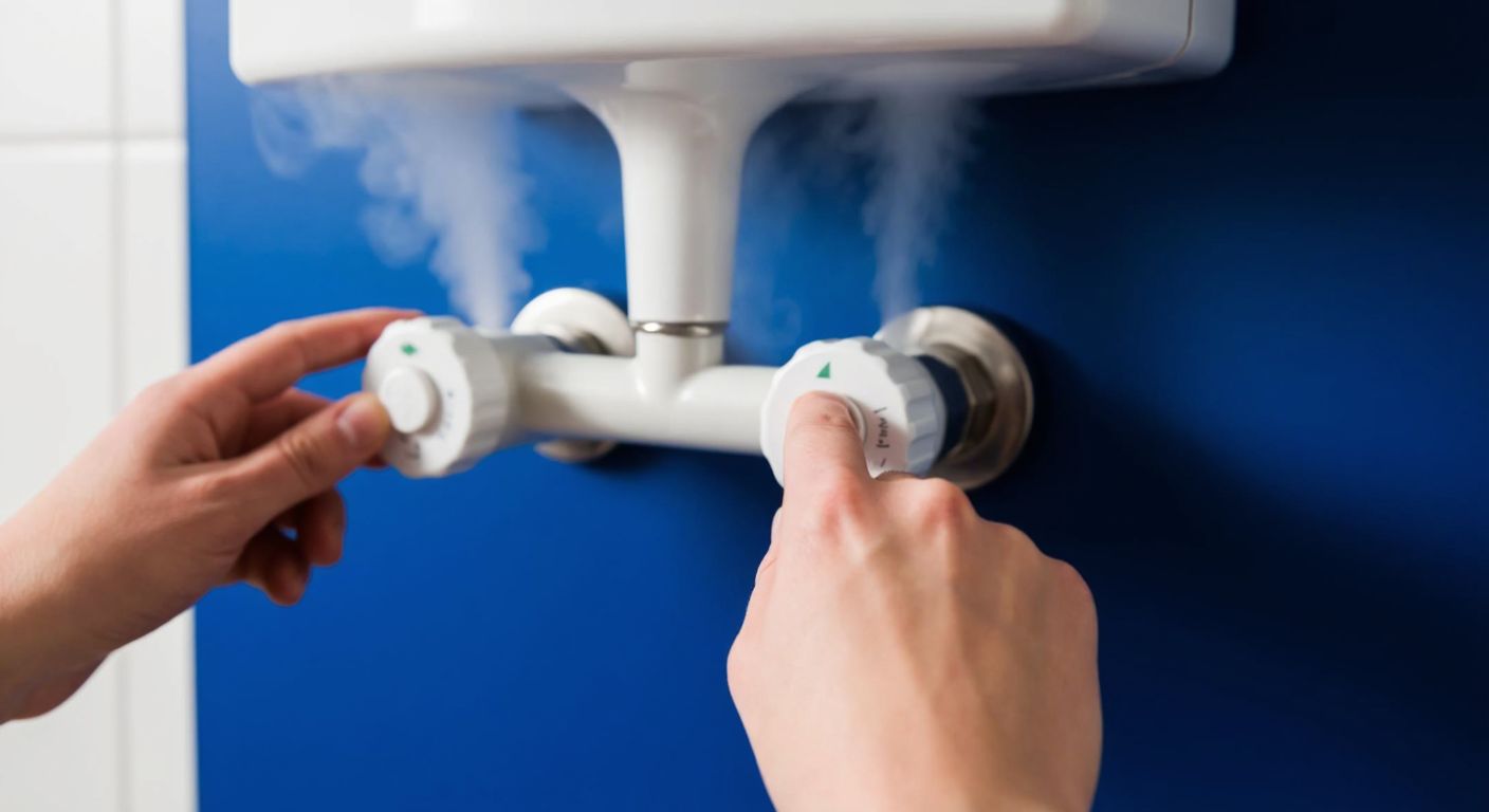 A close-up of a person's hands turning the valves and pressing the power button on a hermetik şofben (sealed water heater) in a Turkish bathroom, with warm steam rising from the faucet.