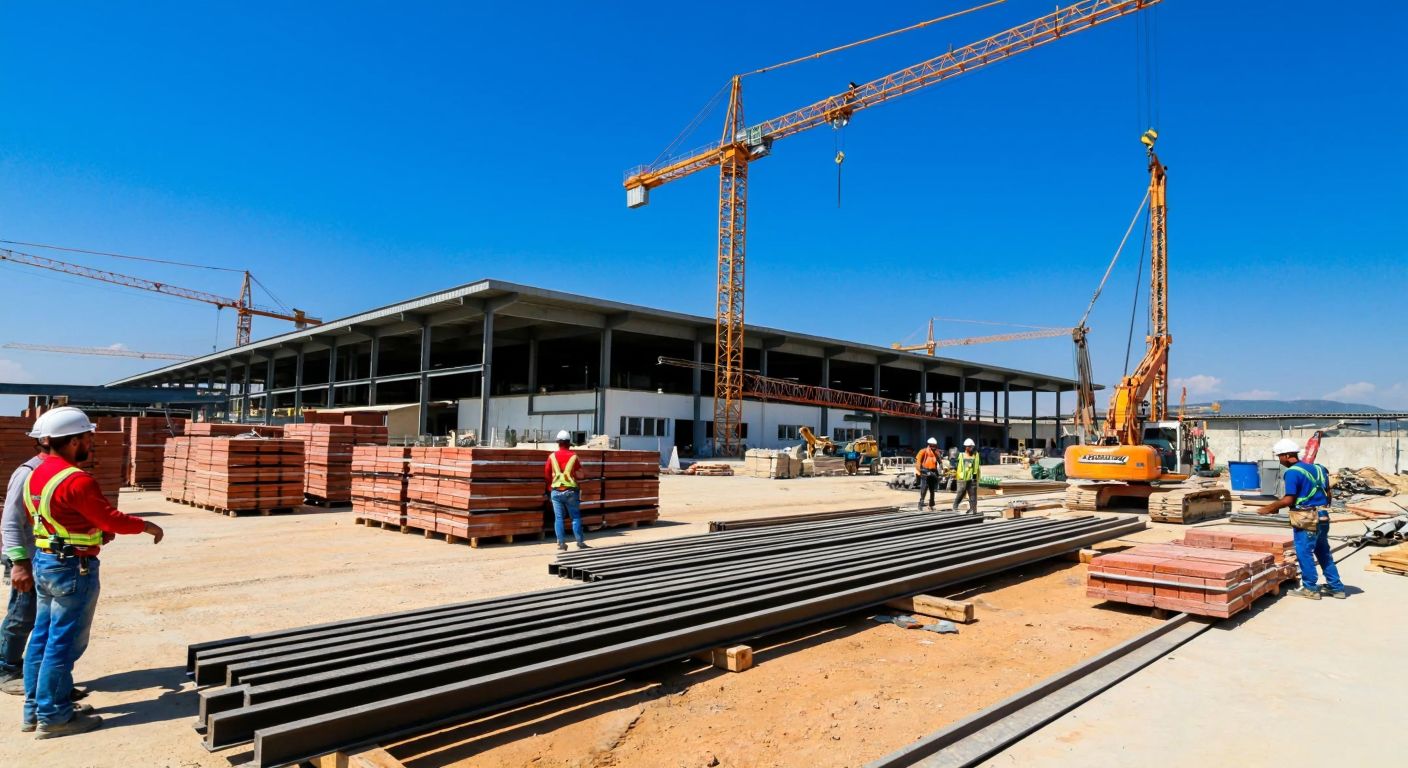 A bustling construction site in Turkey with workers in hard hats assembling steel beams, cranes lifting materials, and a half-built factory structure under a clear blue sky, surrounded by stacks of bricks and machinery.