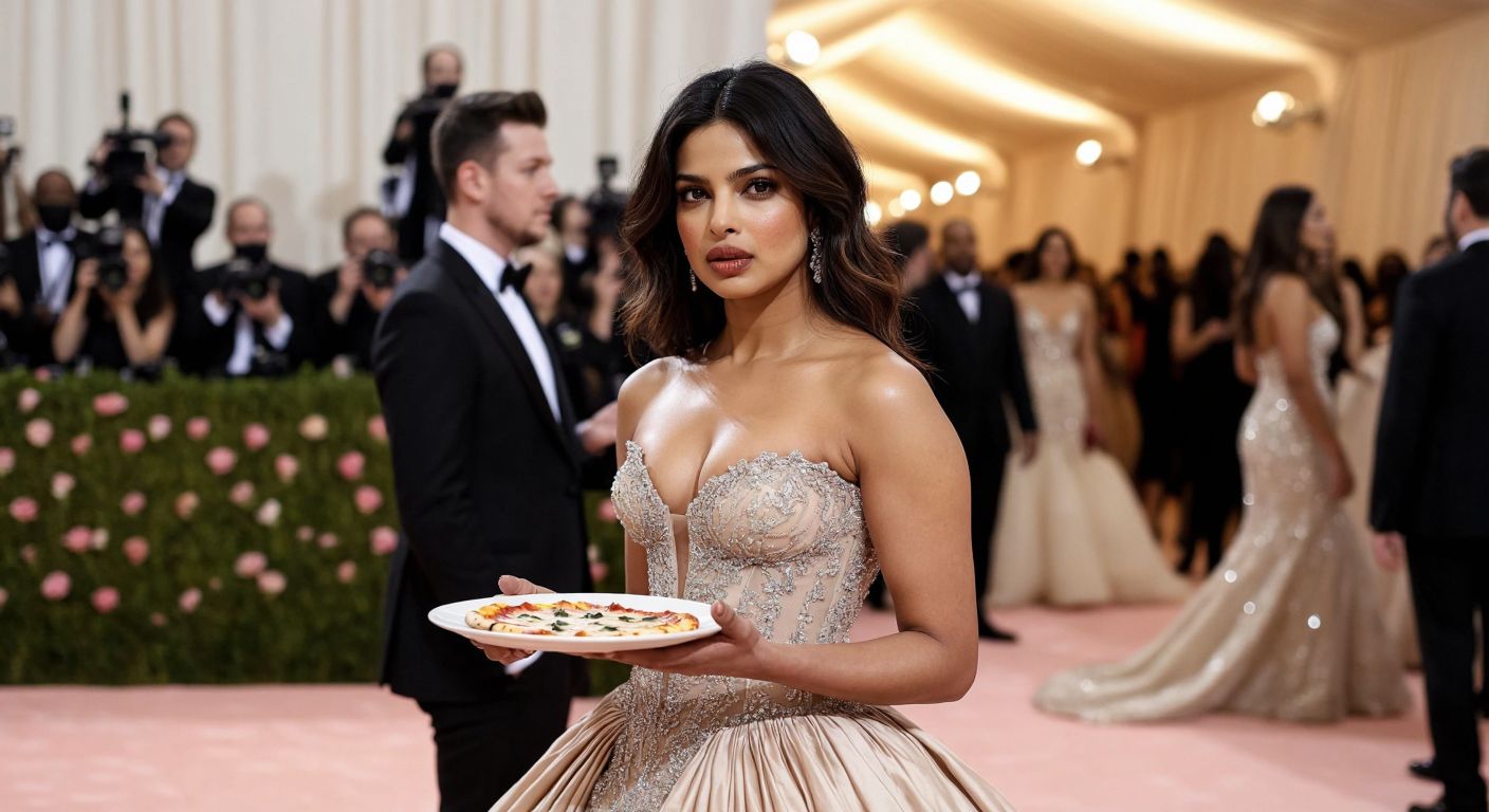 A glamorous Priyanka Chopra in an elegant gown at the Met Gala, looking slightly disappointed while holding an empty plate, with a warm pizza box waiting on a nearby table.
