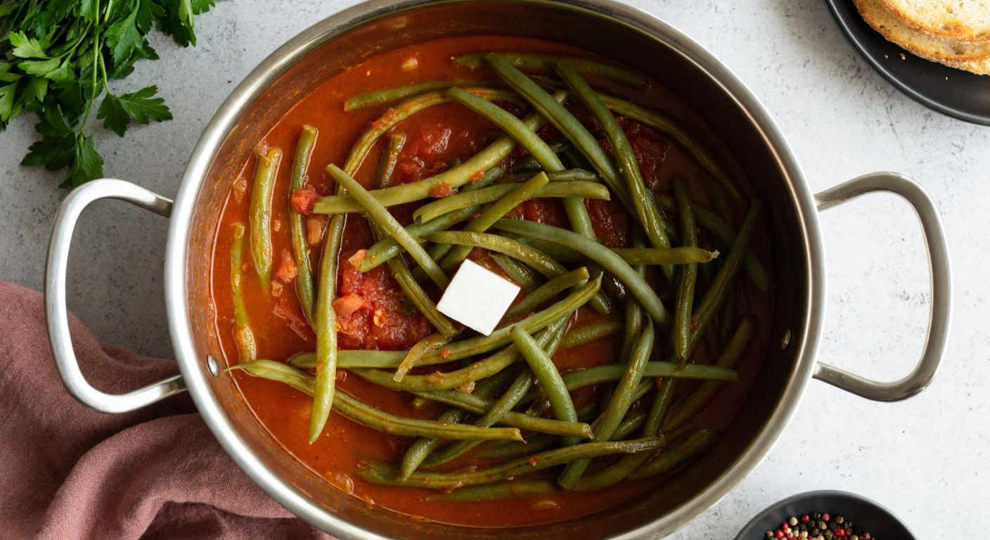 A steaming pot of olive oil-braised green beans with a single sugar cube melting into the rich tomato-based sauce, set on a rustic Turkish kitchen counter with fresh herbs nearby.