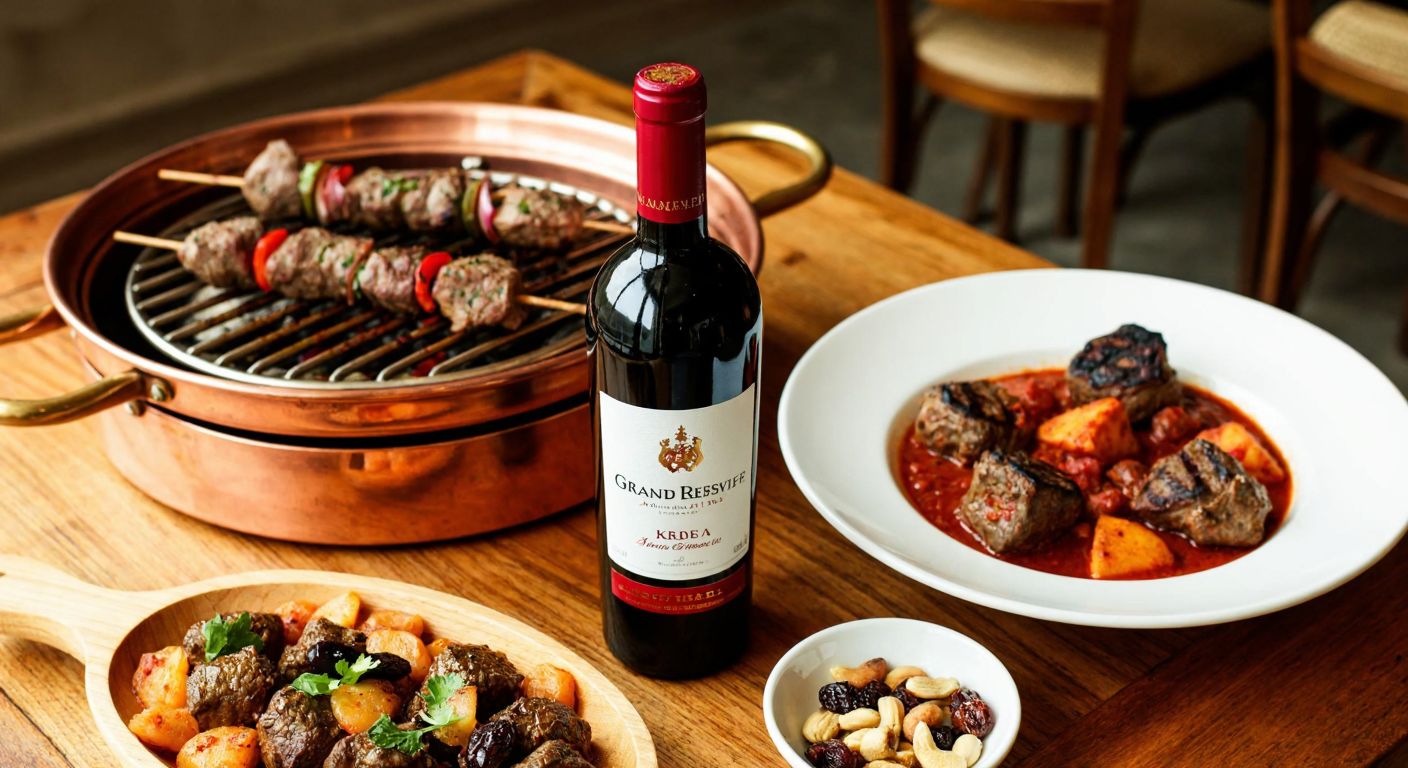 A rustic wooden table in a cozy Turkish setting holds a bottle of Grand Reserve wine, surrounded by sizzling kebabs on a copper grill, a plate of spiced lamb stew, and a small bowl of mixed nuts and dried fruits.