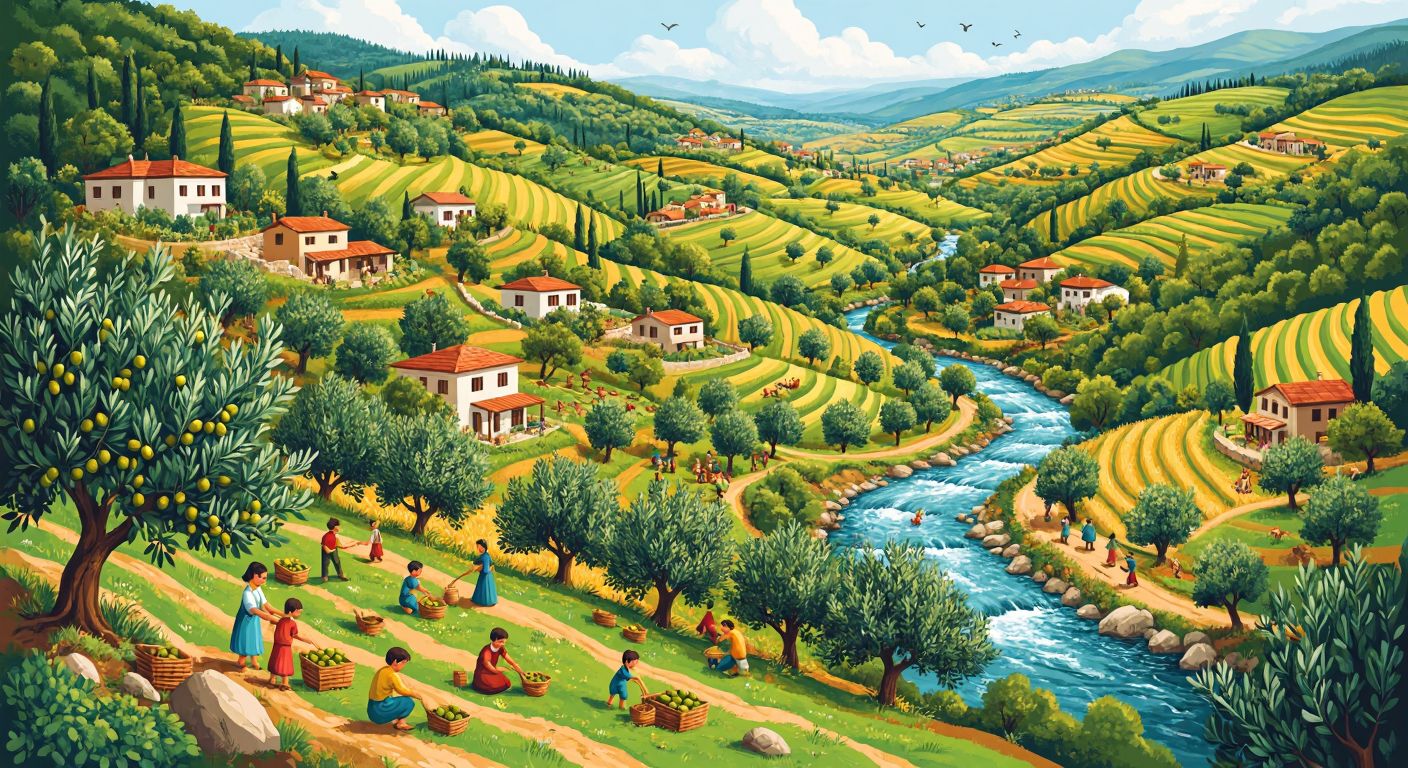 A vibrant, layered landscape where rolling green hills meet a bustling Turkish village, with farmers tending olive groves and children playing near a flowing river, illustrating the harmony between humans and their natural environment.