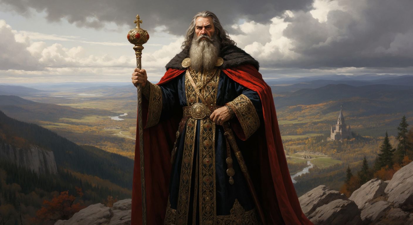 A stern, bearded Russian ruler in ornate medieval robes stands atop a hill overlooking vast conquered lands, with a golden scepter in hand and a determined expression.