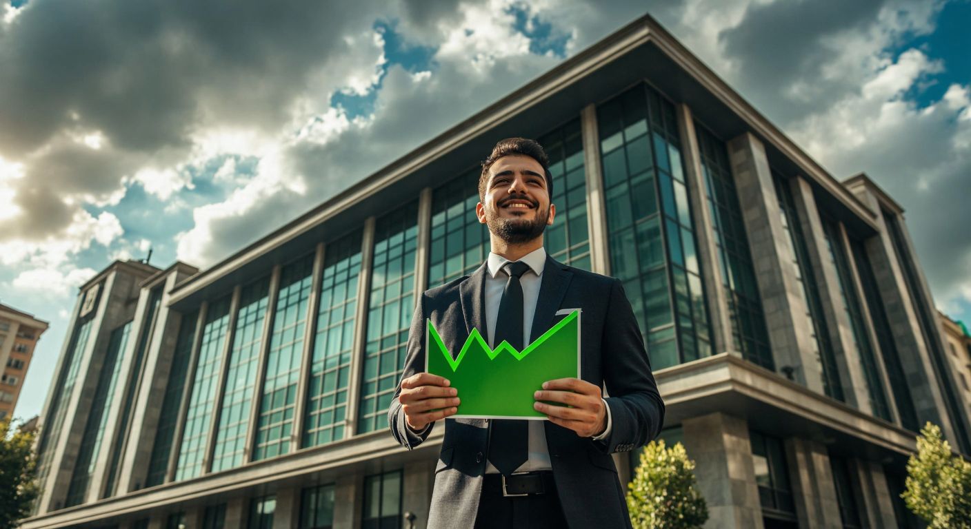 A Turkish businessman in a crisp suit stands confidently in front of the Istanbul Stock Exchange building, holding a green upward-trending graph, with a relieved smile as sunlight breaks through storm clouds.