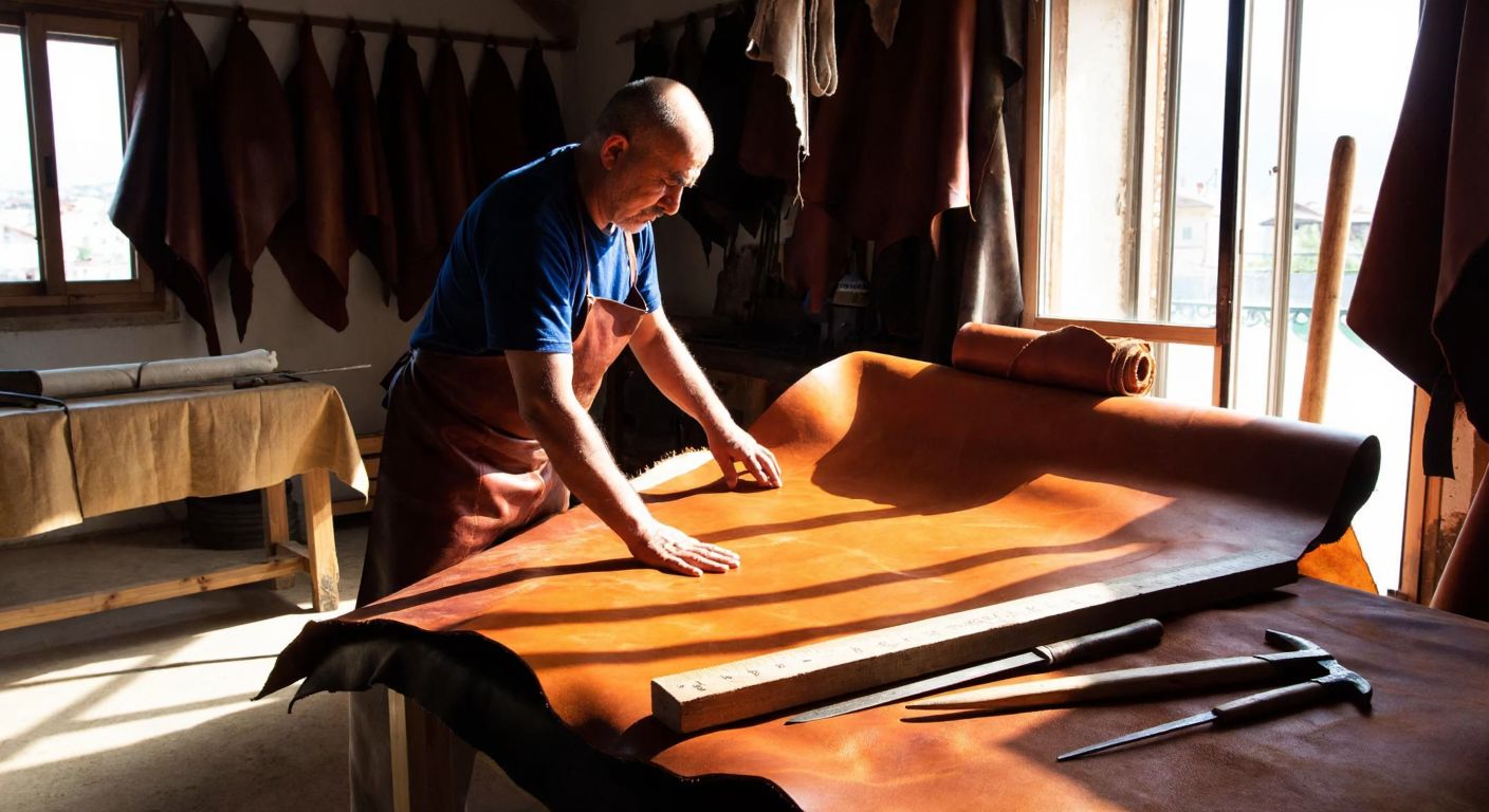 A skilled Turkish artisan measures a large, supple leather hide with a wooden ruler, surrounded by rolls of dyed leather and traditional tools in a sunlit workshop.