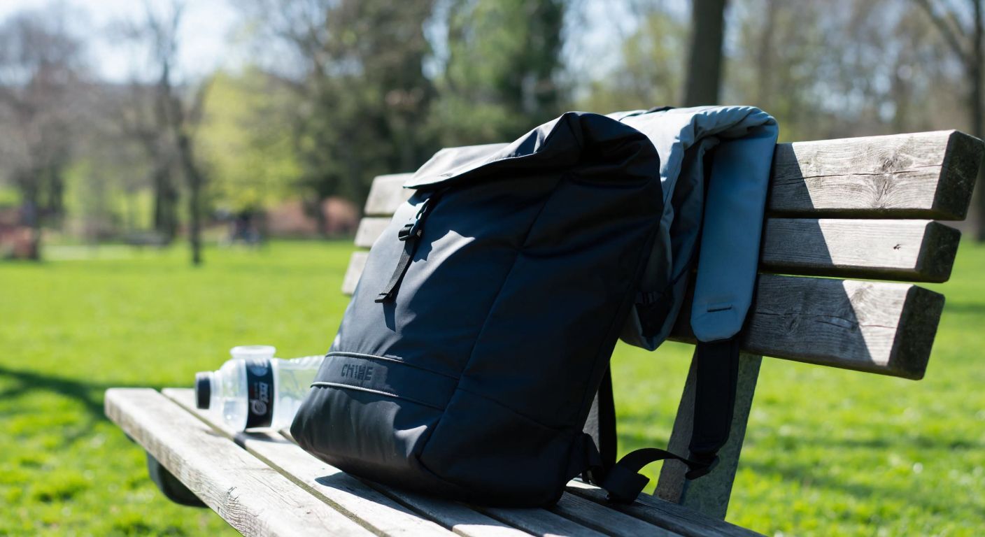A sleek black Cyclite Musette backpack resting on a wooden bench in a sunny park, with a water bottle and a folded jacket peeking out from its partially open top.