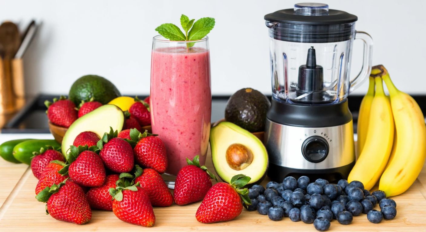 A vibrant Turkish kitchen counter displays fresh strawberries, bananas, avocados, and blueberries next to a blender filled with a pink smoothie, topped with a mint leaf.
