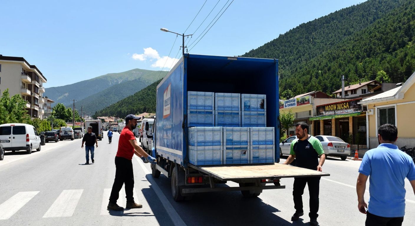 A bustling Bursa street with workers unloading crates of bottled water from a Muradiye Su truck, while in the background, the green slopes of Uludağ rise under a clear blue sky.