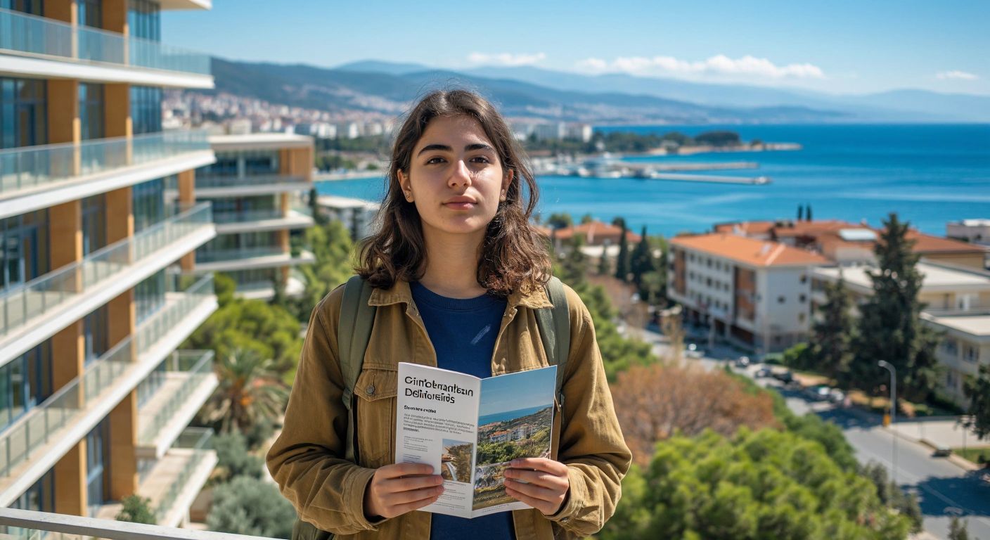 A young student in İzmir stands thoughtfully in front of a vibrant university campus, holding a brochure listing departments like molecular biology and gastronomy, with the Aegean Sea visible in the distance.