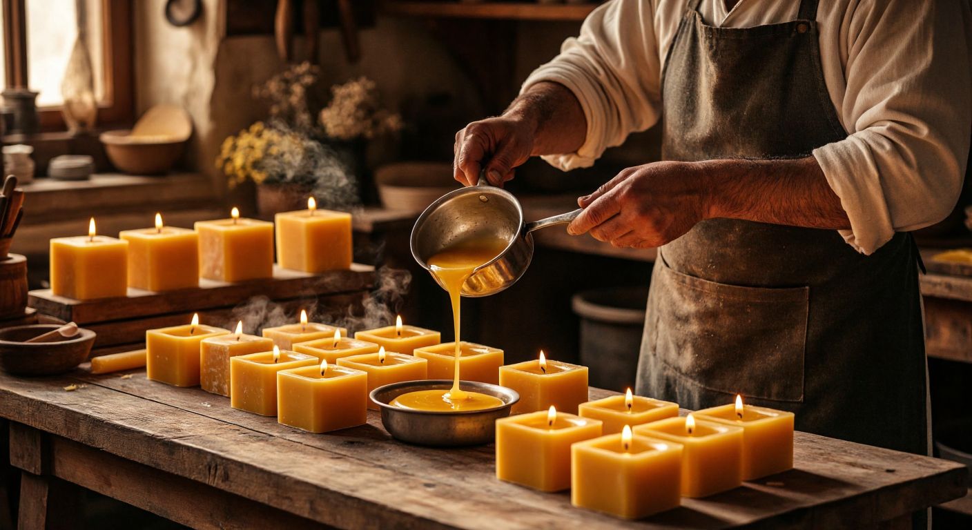 A Turkish artisan carefully pours golden melted beeswax from a small metal pot into candle molds on a wooden table, surrounded by blocks of raw wax and a warm, glowing workspace.