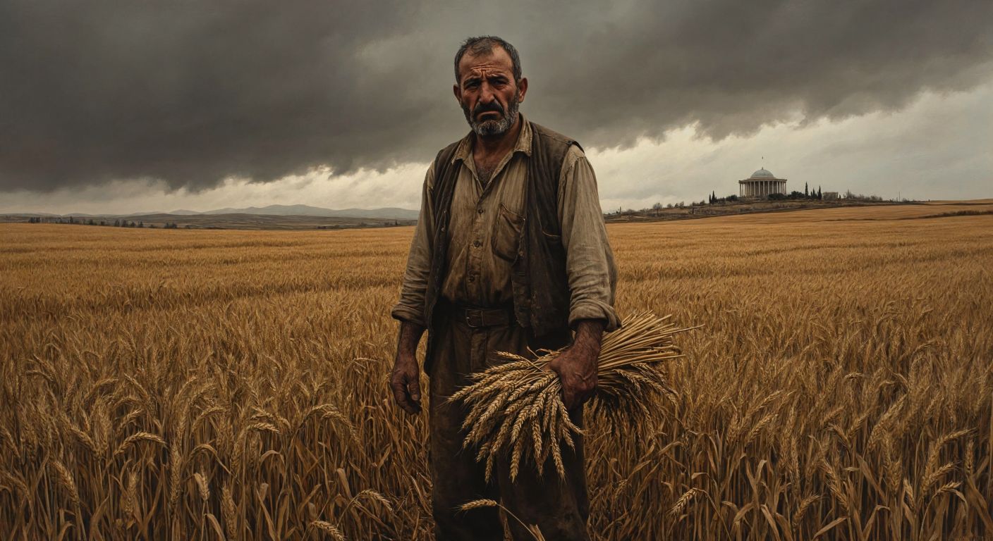 A somber Turkish farmer in worn clothing stands in a barren wheat field under a gray sky, clutching a handful of shriveled crops while a distant government building symbolizes economic intervention.