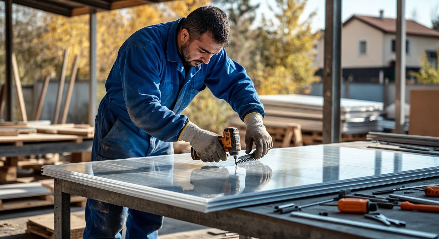 A Turkish worker in a blue jumpsuit and safety gloves carefully secures a translucent polycarbonate sheet onto a metal frame using screws and a drill, with scattered tools and spare sheets nearby under a bright sunlit workshop.