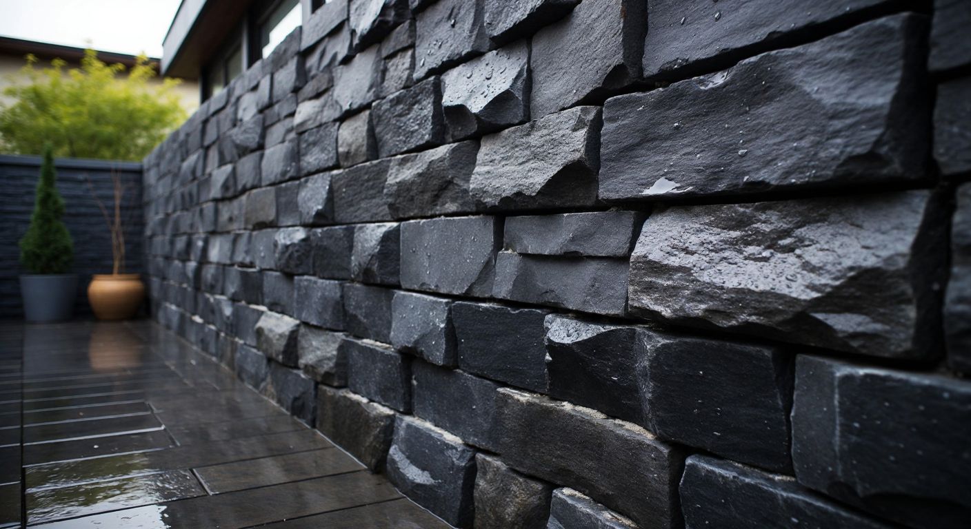 A rugged, dark gray andezite stone wall in a Turkish courtyard, glistening with raindrops but remaining completely dry underneath, showcasing its waterproof durability.