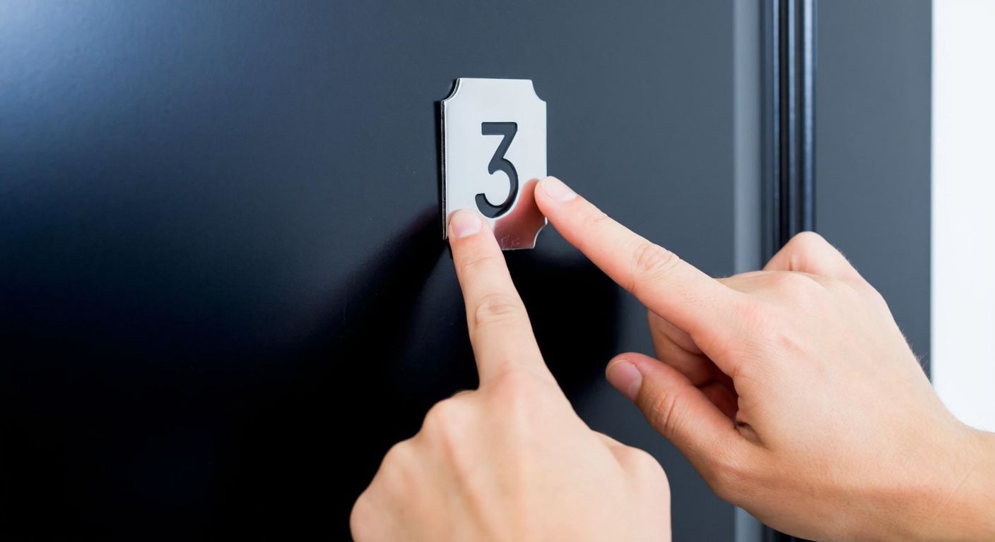 A close-up of a person’s hands carefully pressing a shiny metal door number onto a clean, dark-colored door using thick silicone adhesive from its packaging.