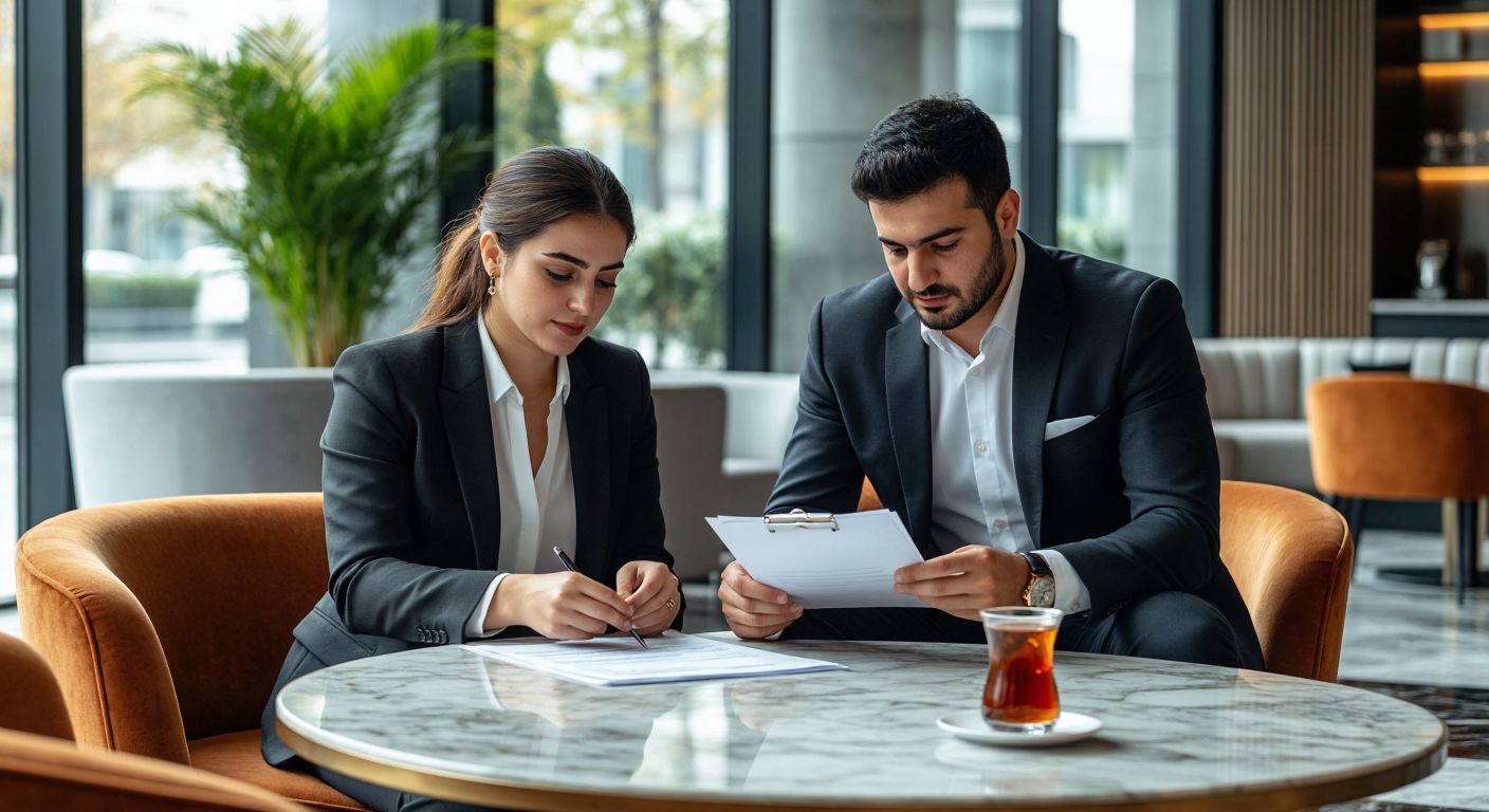 A well-dressed Turkish businessperson in a sleek modern bank lounge, confidently reviewing documents while a professional banker attentively assists them, with a glass of Turkish tea on the marble table.