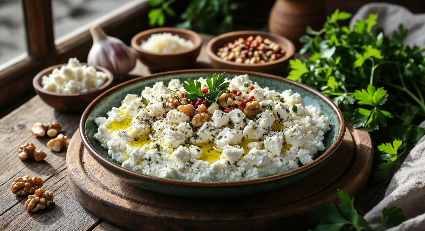 A rustic wooden table in a sunlit Turkish kitchen displays a vibrant Girit mezesi plate with crumbled white cheese, golden olive oil drizzled over it, crushed garlic, sprinkled red pepper flakes, chopped walnuts, and fresh green herbs like parsley and dill.