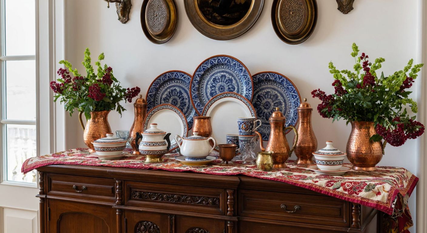 A warm Turkish dining room with a polished wooden console and buffet, both adorned with traditional ceramic dishes and a copper tea set, set against a backdrop of embroidered table linens.