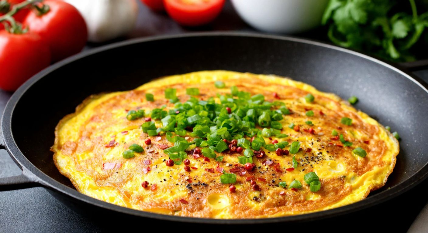 A golden omelette sizzling in a pan, sprinkled with chopped green onions, red pepper flakes, and black pepper, with a rustic Turkish kitchen in the background.