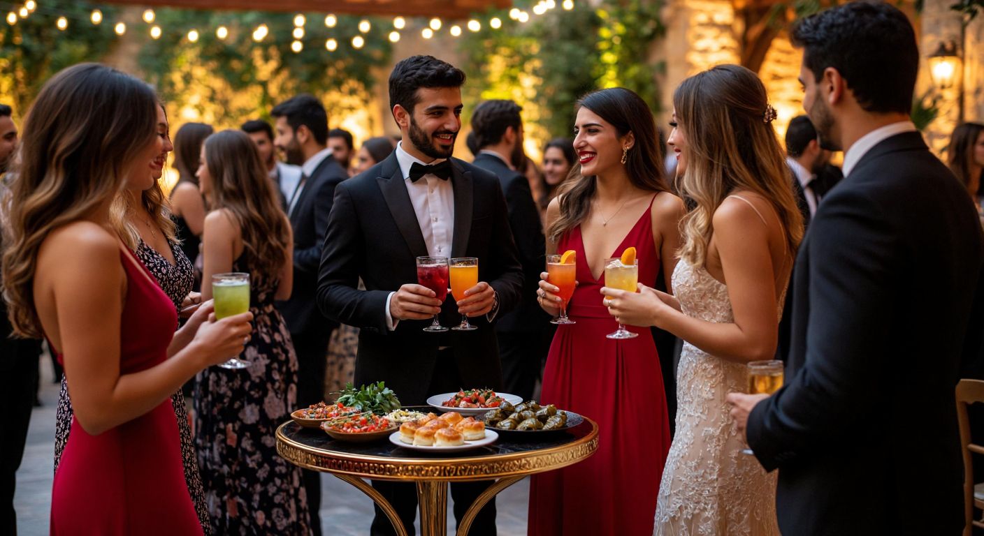 A lively Turkish cocktail party scene with elegantly dressed guests mingling while holding colorful drinks, contrasted with a prolonge setup featuring small tables of bite-sized meze dishes like dolma and börek, and fewer chairs encouraging standing conversations.