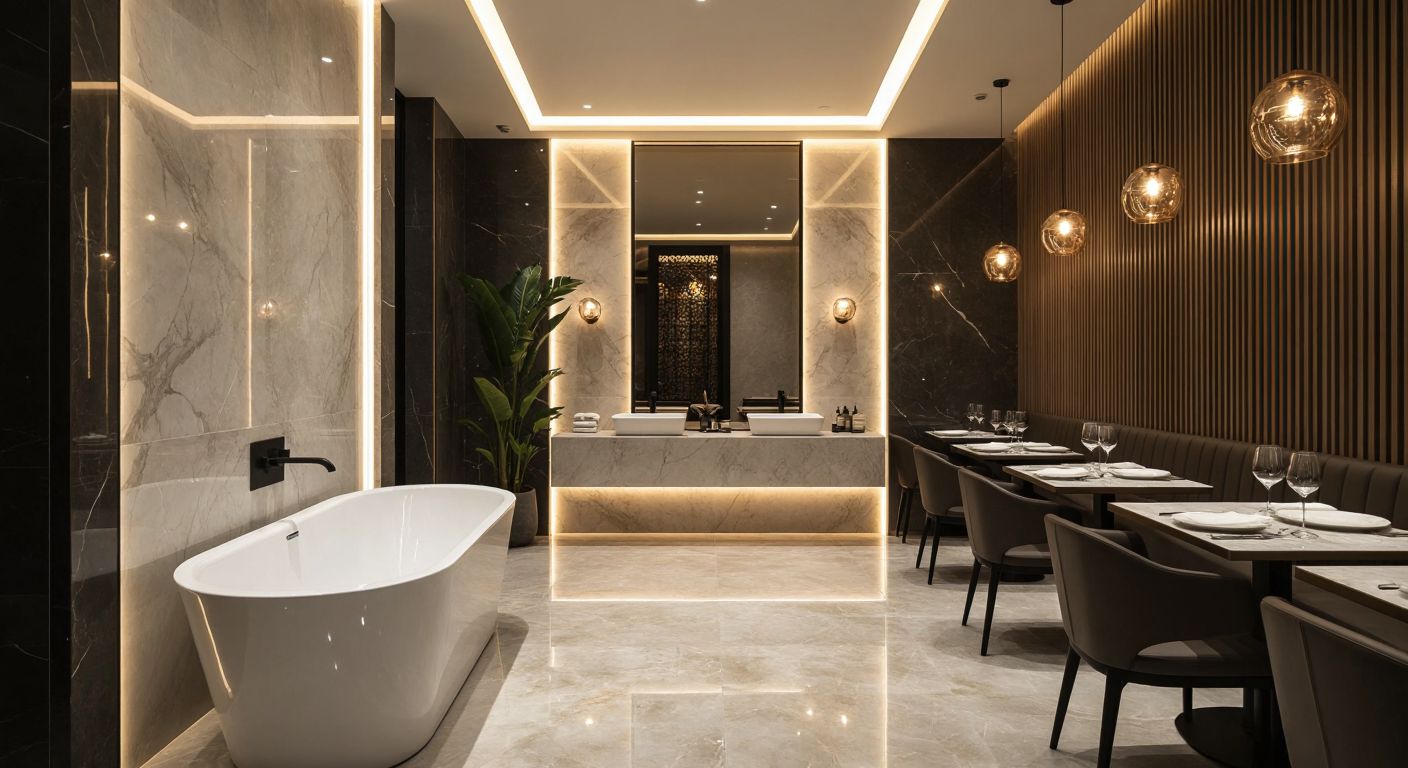 A modern Turkish home bathroom with sleek PVC marble-look panels covering the walls, reflecting soft light, alongside a stylish restaurant interior where the same panels create an elegant backdrop for diners.