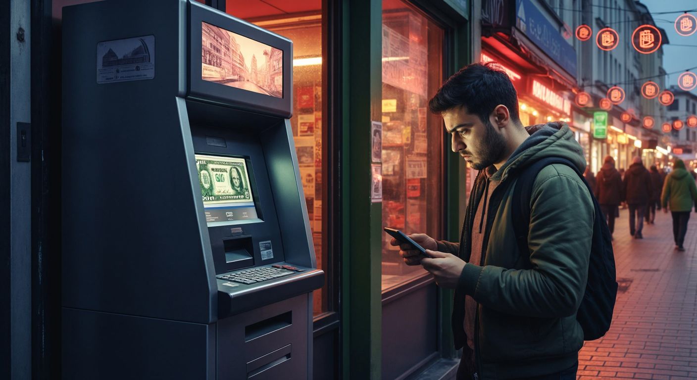 A modern ATM in a Turkish city street dispenses a single large banknote while a person with a slightly frustrated expression watches, surrounded by digital payment symbols subtly fading into the background.
