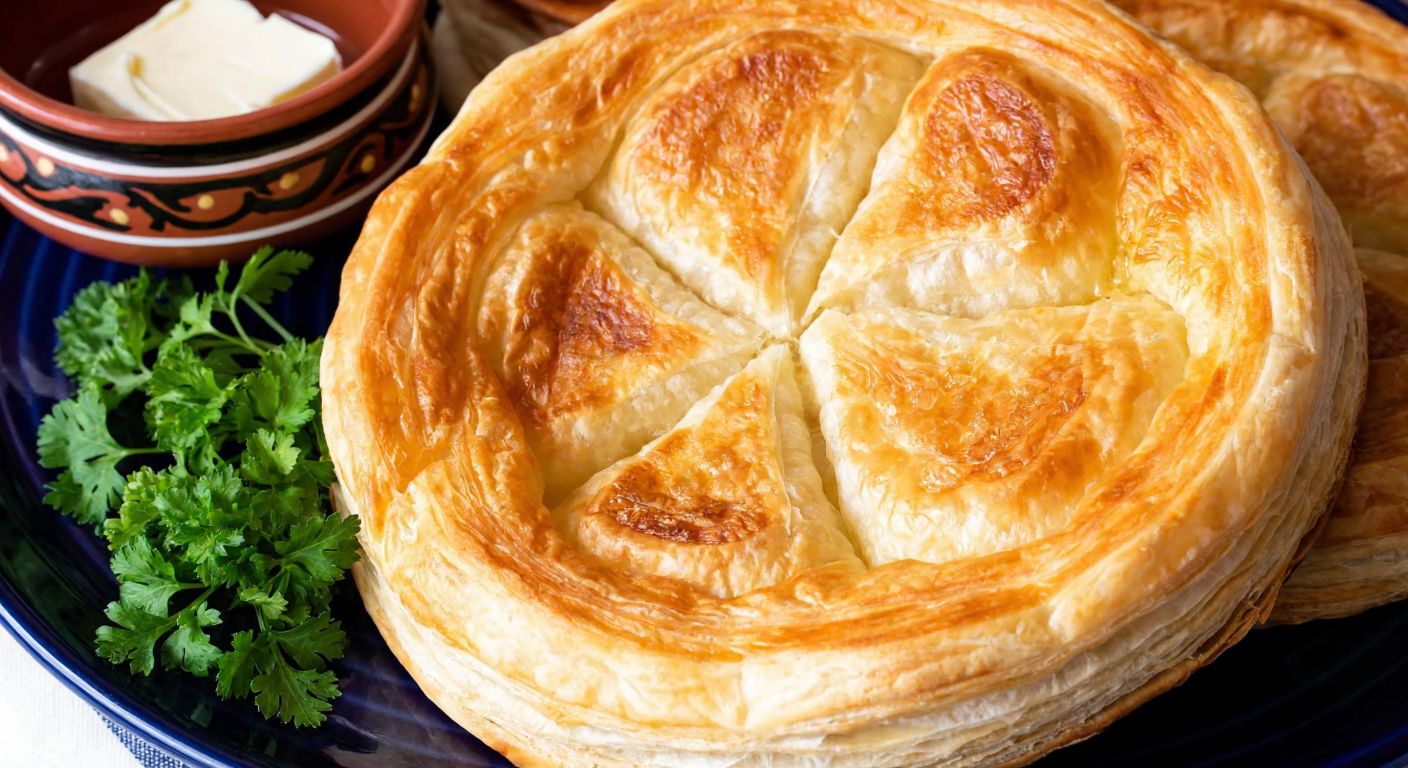 A close-up of golden, flaky göz yağlı börek layers glistening with oil, resting on a traditional Turkish ceramic plate beside a small bowl of melted butter and fresh parsley.