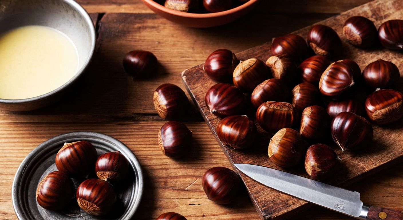 A warm, rustic kitchen scene with a wooden table holding freshly roasted chestnuts, a sharp knife making shallow cuts on their glossy brown shells, and a bowl of water nearby, evoking a cozy, traditional Turkish preparation method.