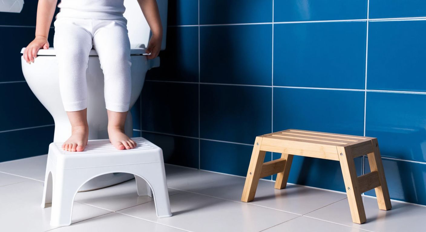 A small white plastic step stool placed in front of a modern toilet, with a child’s tiny hands gripping the sides for balance, and a traditional wooden squat step beside it, both set against clean blue-tiled bathroom walls.