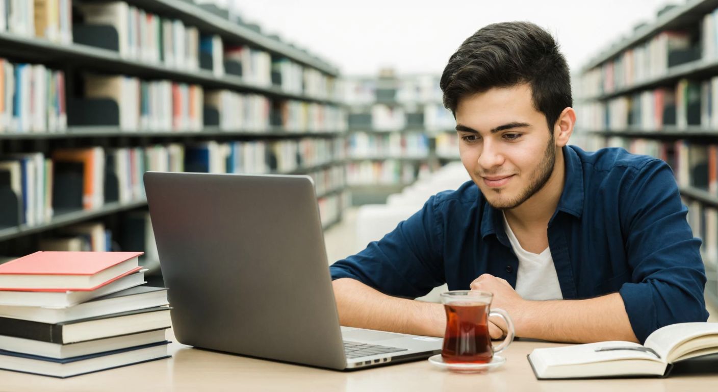 A young Turkish student in a university library, intently browsing a laptop screen with a hopeful expression, surrounded by stacks of academic books and a steaming cup of Turkish tea.