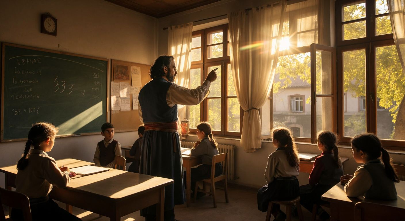 A Turkish teacher in a sunlit classroom writes the fraction 39/5 on a chalkboard while students watch attentively, with a warm breeze blowing through the open windows.